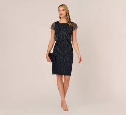 Adrianna Papell Short Sleeve Beaded Cocktail Dress With Popover In Midnight -Adrianna Papell Shop AP1E207775 AG410 Regular Side