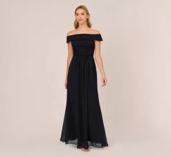 Adrianna Papell Off The Shoulder Crepe Chiffon Gown With Soft Skirt In Midnight