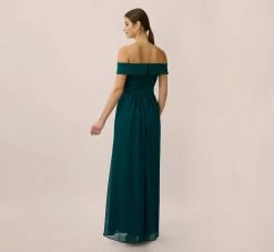 Adrianna Papell Off The Shoulder Crepe Chiffon Gown With Soft Skirt In Hunter -Adrianna Papell Shop AP1E207939 AE303 Regular Back