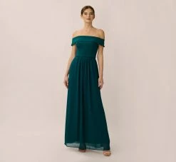 Adrianna Papell Off The Shoulder Crepe Chiffon Gown With Soft Skirt In Hunter