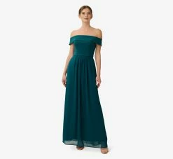 Adrianna Papell Off The Shoulder Crepe Chiffon Gown With Soft Skirt In Hunter -Adrianna Papell Shop AP1E207939 AE303 Regular Default c1d5796a fe1d 495b 83fe 58e5d099be7d