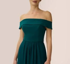 Adrianna Papell Off The Shoulder Crepe Chiffon Gown With Soft Skirt In Hunter -Adrianna Papell Shop AP1E207939 AE303 Regular Detail