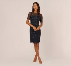 Adrianna Papell Hand-Beaded Cocktail Dress In Midnight -Adrianna Papell Shop AP1E208090 AG410 Regular Front