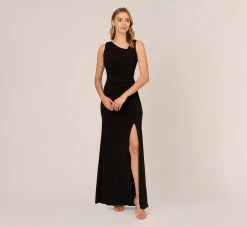 Adrianna Papell Hand-Sequined Ruched Long Jersey Gown In Black