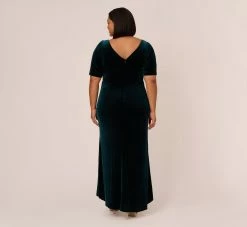 Adrianna Papell Plus Size Shirred Velvet Gown With Elbow-Length Sleeves In Emerald -Adrianna Papell Shop AP1E208255 AA321 Plus Back