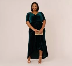 Adrianna Papell Plus Size Shirred Velvet Gown With Elbow-Length Sleeves In Emerald -Adrianna Papell Shop AP1E208255 AA321 Plus Side