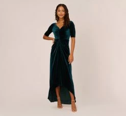 Adrianna Papell Shirred Velvet Gown With Elbow-Length Sleeves In Emerald