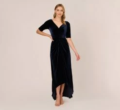 Adrianna Papell Shirred Velvet Gown With Elbow-Length Sleeves In Midnight