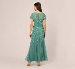 Adrianna Papell Hand Beaded Short Sleeve Floral Godet Gown In Green Slate -Adrianna Papell Shop AP1E208349 AA355 Regular Back