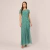 Adrianna Papell Hand Beaded Short Sleeve Floral Godet Gown In Green Slate