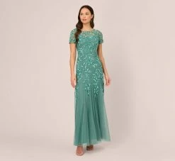 Adrianna Papell Hand Beaded Short Sleeve Floral Godet Gown In Green Slate