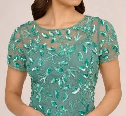 Adrianna Papell Hand Beaded Short Sleeve Floral Godet Gown In Green Slate -Adrianna Papell Shop AP1E208349 AA355 Regular Detail