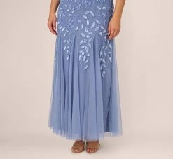 Adrianna Papell Plus Size Hand Beaded Short Sleeve Floral Godet Gown In French Blue 10 Adrianna Papell Plus Size Hand Beaded Short Sleeve Floral Godet Gown In French Blue -Adrianna Papell Shop AP1E208349 AA544 Plus Alternate