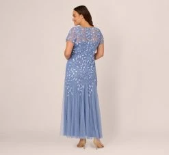 Adrianna Papell Plus Size Hand Beaded Short Sleeve Floral Godet Gown In French Blue 9 Adrianna Papell Plus Size Hand Beaded Short Sleeve Floral Godet Gown In French Blue -Adrianna Papell Shop AP1E208349 AA544 Plus Back