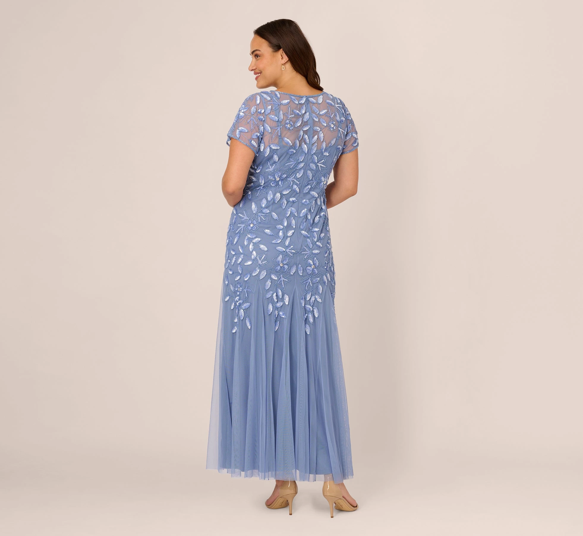 Adrianna Papell Plus Size Hand Beaded Short Sleeve Floral Godet Gown In French Blue 4 Adrianna Papell Plus Size Hand Beaded Short Sleeve Floral Godet Gown In French Blue - Image 4