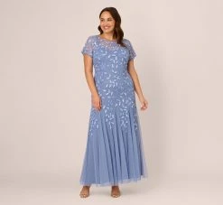 Adrianna Papell Plus Size Hand Beaded Short Sleeve Floral Godet Gown In French Blue