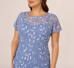 Adrianna Papell Plus Size Hand Beaded Short Sleeve Floral Godet Gown In French Blue 8 Adrianna Papell Plus Size Hand Beaded Short Sleeve Floral Godet Gown In French Blue -Adrianna Papell Shop AP1E208349 AA544 Plus Detail