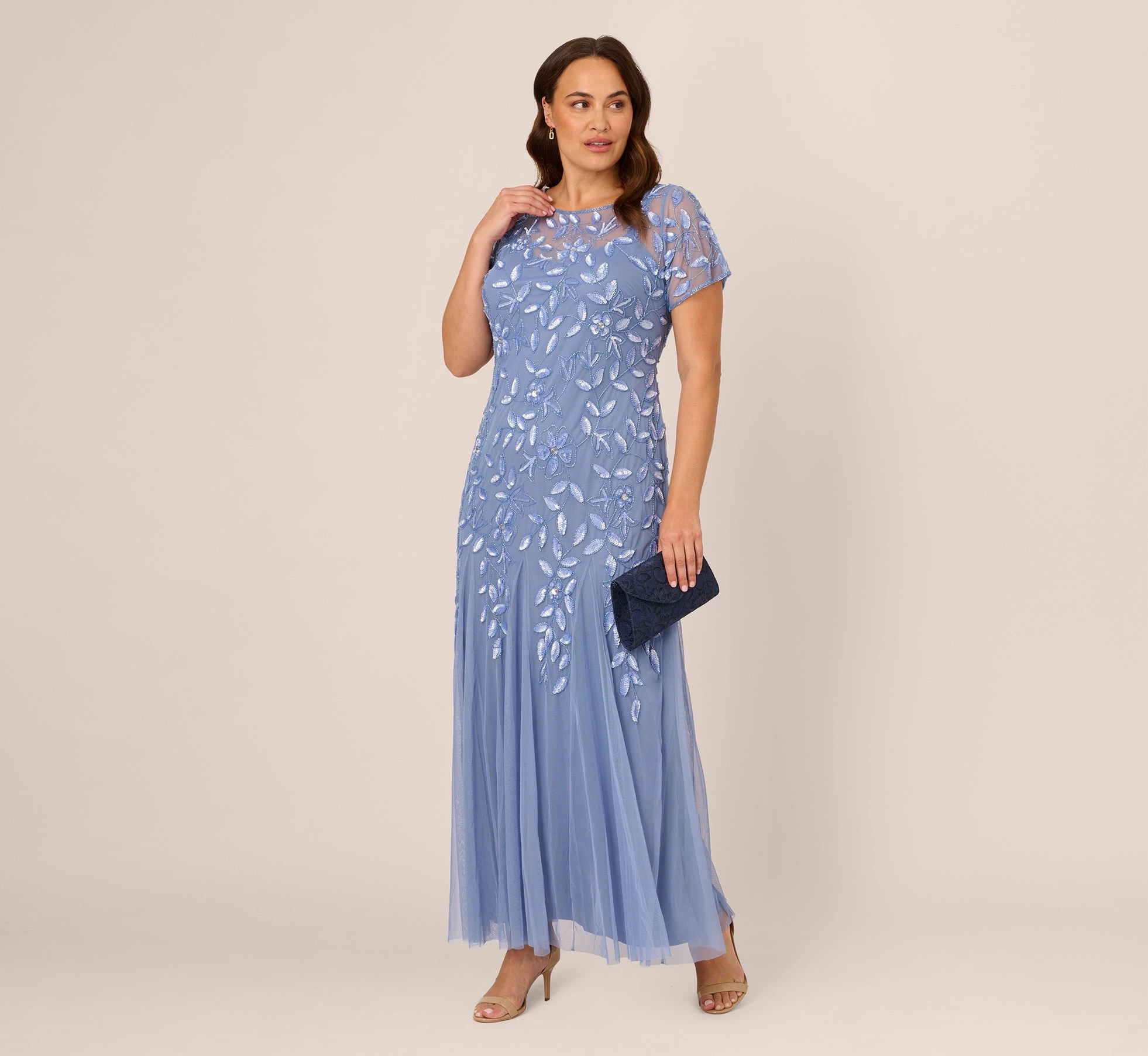 Adrianna Papell Plus Size Hand Beaded Short Sleeve Floral Godet Gown In French Blue 2 Adrianna Papell Plus Size Hand Beaded Short Sleeve Floral Godet Gown In French Blue - Image 2