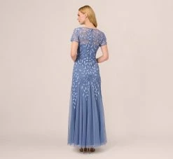 Adrianna Papell Hand Beaded Short Sleeve Floral Godet Gown In French Blue -Adrianna Papell Shop AP1E208349 AA544 Regular Back