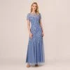 Adrianna Papell Hand Beaded Short Sleeve Floral Godet Gown In French Blue