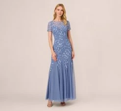 Adrianna Papell Hand Beaded Short Sleeve Floral Godet Gown In French Blue