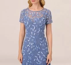 Adrianna Papell Hand Beaded Short Sleeve Floral Godet Gown In French Blue -Adrianna Papell Shop AP1E208349 AA544 Regular Detail
