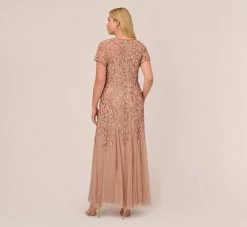 Adrianna Papell Plus Size Hand Beaded Short Sleeve Floral Godet Gown In Rose Gold -Adrianna Papell Shop AP1E208349 AA958 Plus Back