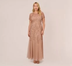 Adrianna Papell Plus Size Hand Beaded Short Sleeve Floral Godet Gown In Rose Gold