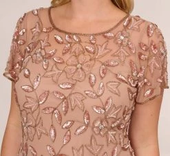 Adrianna Papell Plus Size Hand Beaded Short Sleeve Floral Godet Gown In Rose Gold -Adrianna Papell Shop AP1E208349 AA958 Plus Detail