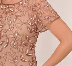 Adrianna Papell Plus Size Hand Beaded Short Sleeve Floral Godet Gown In Rose Gold -Adrianna Papell Shop AP1E208349 AA958 Plus Lifestyle