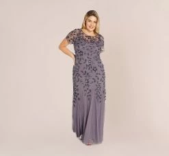 Adrianna Papell Plus Size Hand Beaded Short Sleeve Floral Godet Gown In Moonscape 7 Adrianna Papell Plus Size Hand Beaded Short Sleeve Floral Godet Gown In Moonscape -Adrianna Papell Shop AP1E208349 AD542 Plus Alternate