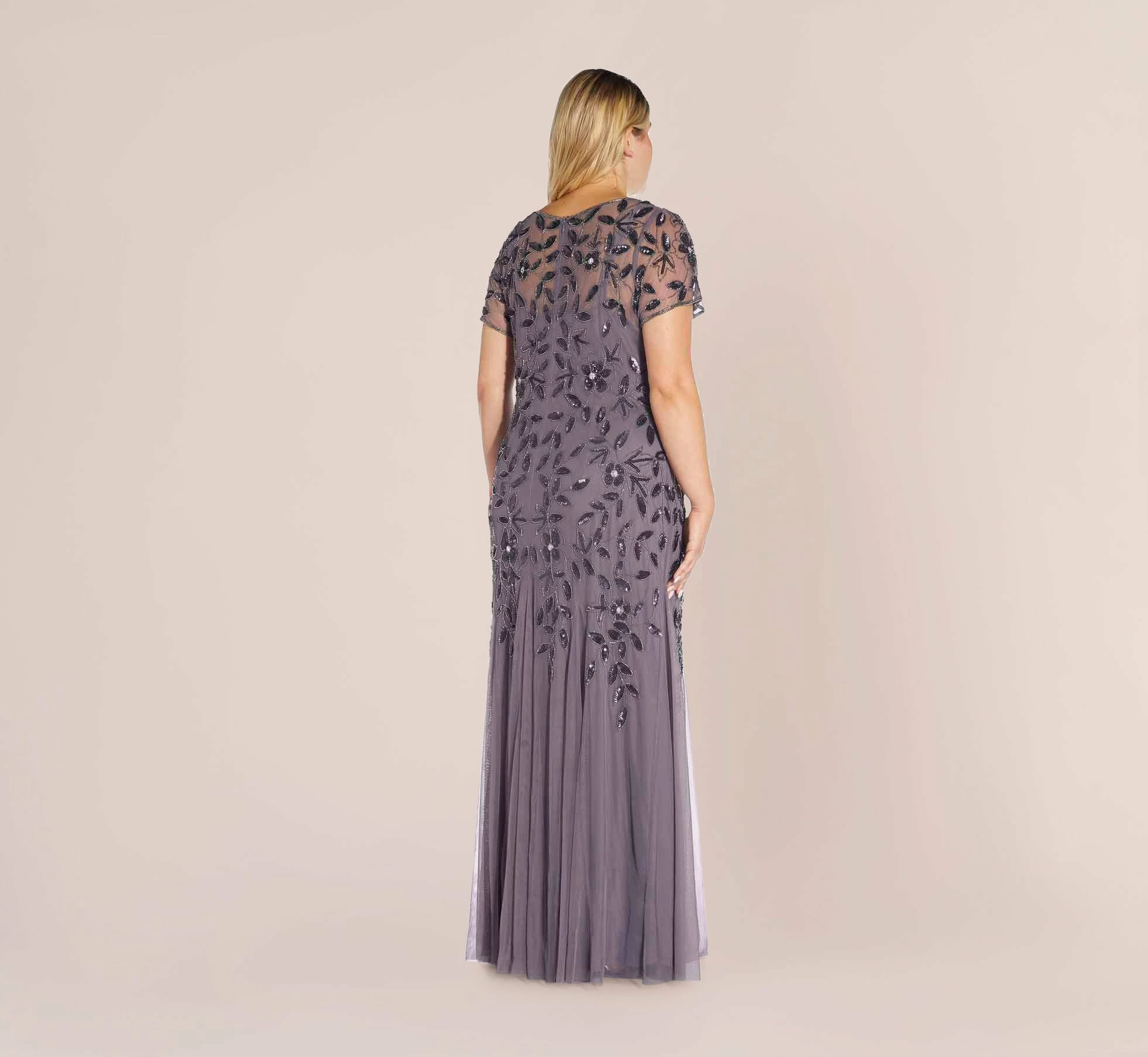 Adrianna Papell Plus Size Hand Beaded Short Sleeve Floral Godet Gown In Moonscape 2 Adrianna Papell Plus Size Hand Beaded Short Sleeve Floral Godet Gown In Moonscape - Image 2