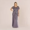Adrianna Papell Plus Size Hand Beaded Short Sleeve Floral Godet Gown In Moonscape