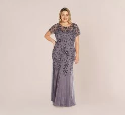Adrianna Papell Plus Size Hand Beaded Short Sleeve Floral Godet Gown In Moonscape