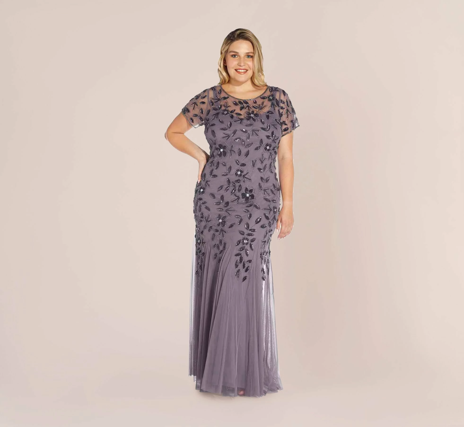 Adrianna Papell Plus Size Hand Beaded Short Sleeve Floral Godet Gown In Moonscape 1 Adrianna Papell Plus Size Hand Beaded Short Sleeve Floral Godet Gown In Moonscape
