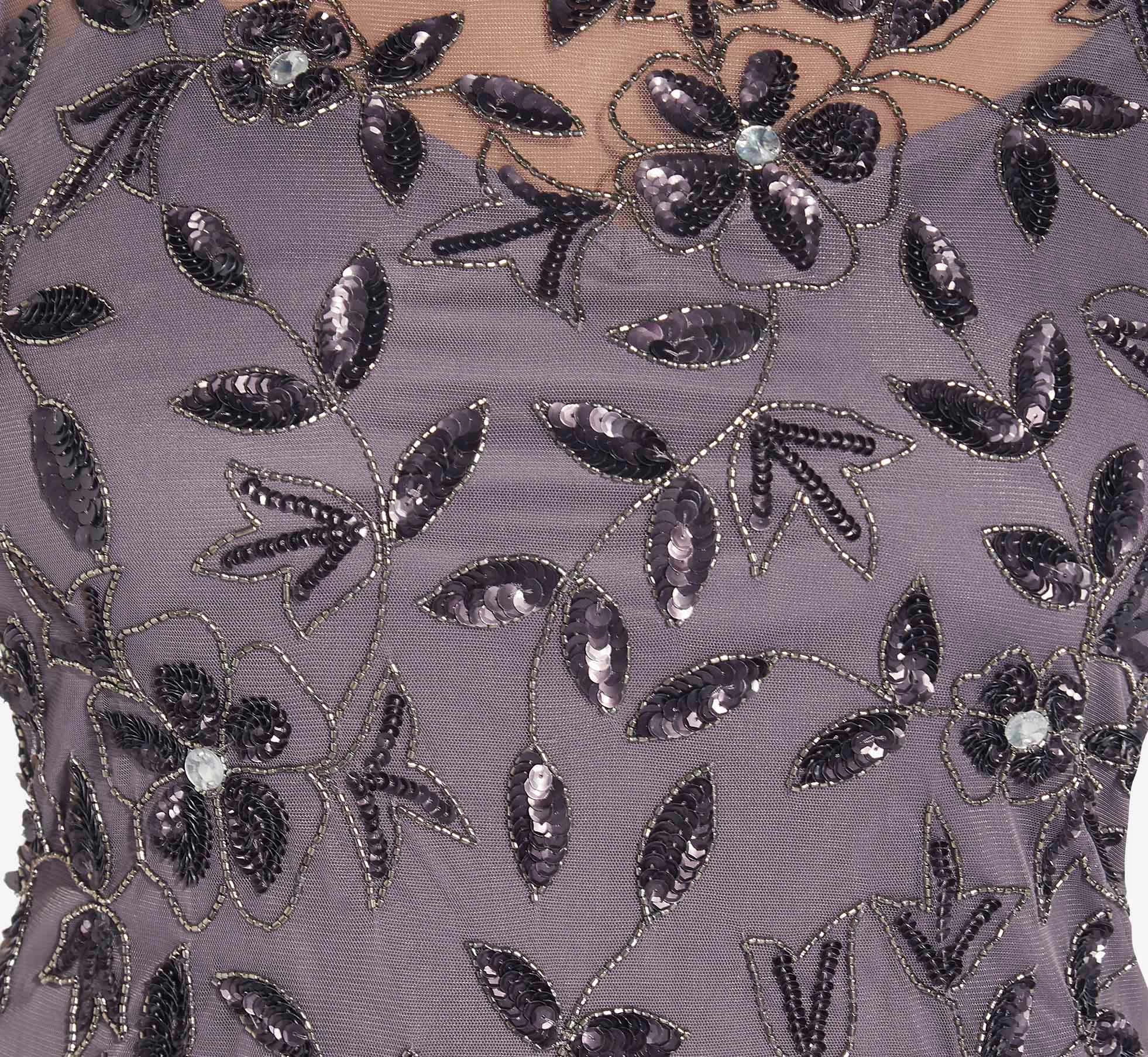 Adrianna Papell Plus Size Hand Beaded Short Sleeve Floral Godet Gown In Moonscape 4 Adrianna Papell Plus Size Hand Beaded Short Sleeve Floral Godet Gown In Moonscape - Image 4