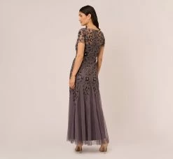 Adrianna Papell Hand Beaded Short Sleeve Floral Godet Gown In Moonscape -Adrianna Papell Shop AP1E208349 AD542 Regular Back