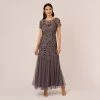 Adrianna Papell Hand Beaded Short Sleeve Floral Godet Gown In Moonscape