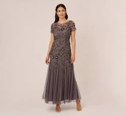 Adrianna Papell Hand Beaded Short Sleeve Floral Godet Gown In Moonscape