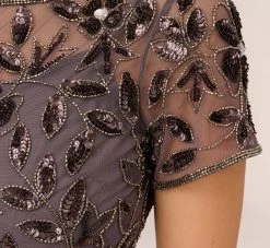 Adrianna Papell Hand Beaded Short Sleeve Floral Godet Gown In Moonscape -Adrianna Papell Shop AP1E208349 AD542 Regular Lifestyle