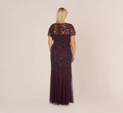 Adrianna Papell Plus Size Hand Beaded Short Sleeve Floral Godet Gown In Night Plum -Adrianna Papell Shop AP1E208349 BK940 Plus Back