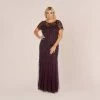 Adrianna Papell Plus Size Hand Beaded Short Sleeve Floral Godet Gown In Night Plum