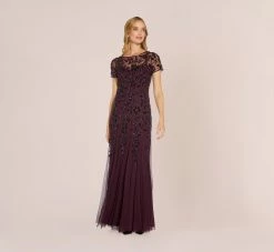 Adrianna Papell Hand Beaded Short Sleeve Floral Godet Gown In Night Plum -Adrianna Papell Shop AP1E208349 BK940 Regular Alternate
