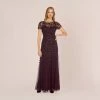Adrianna Papell Hand Beaded Short Sleeve Floral Godet Gown In Night Plum