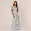 Adrianna Papell Long Floral Beaded Gown With Flutter Sleeves In Blue Heather