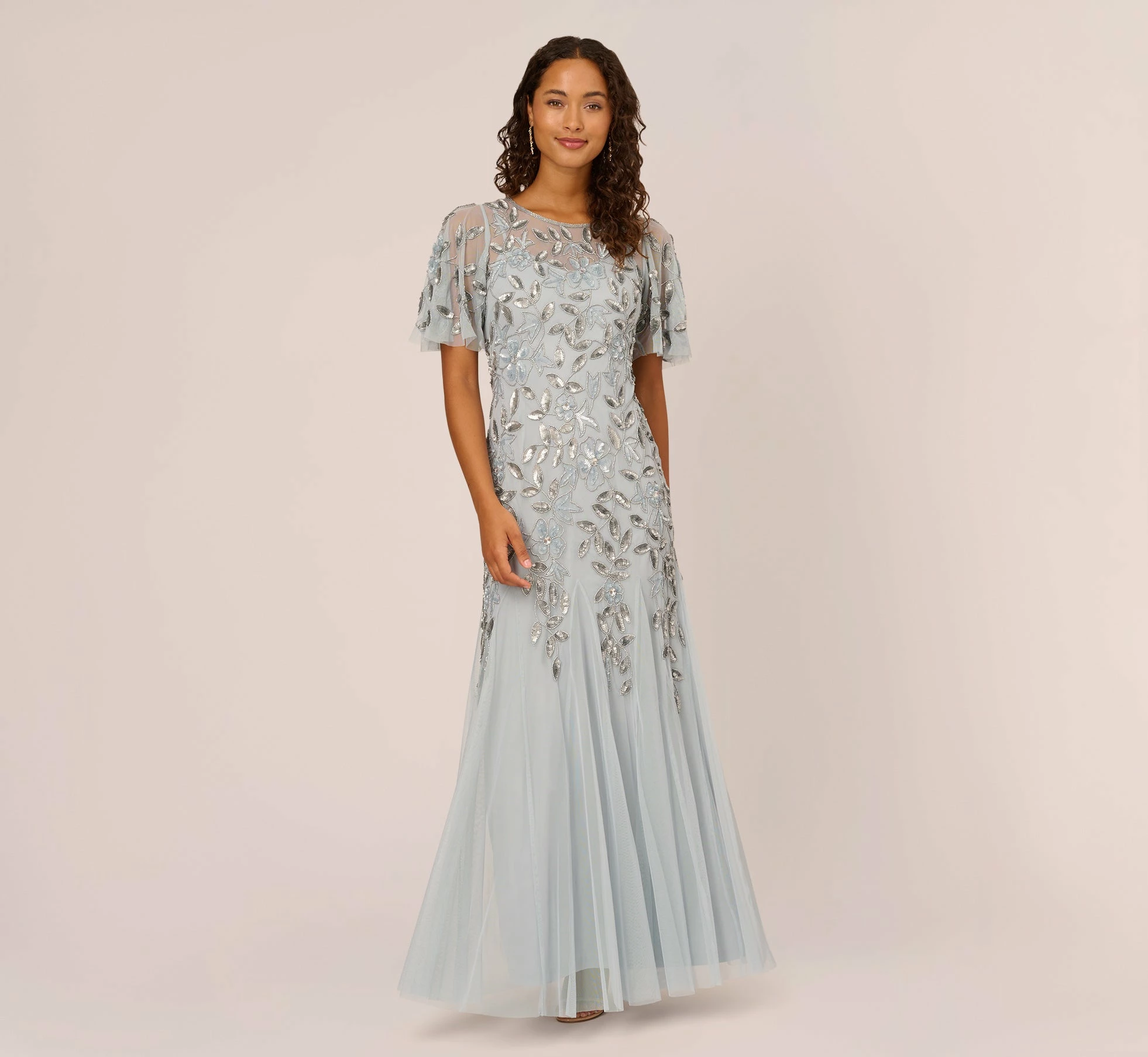 Adrianna Papell Long Floral Beaded Gown With Flutter Sleeves In Blue Heather 1 Adrianna Papell Long Floral Beaded Gown With Flutter Sleeves In Blue Heather