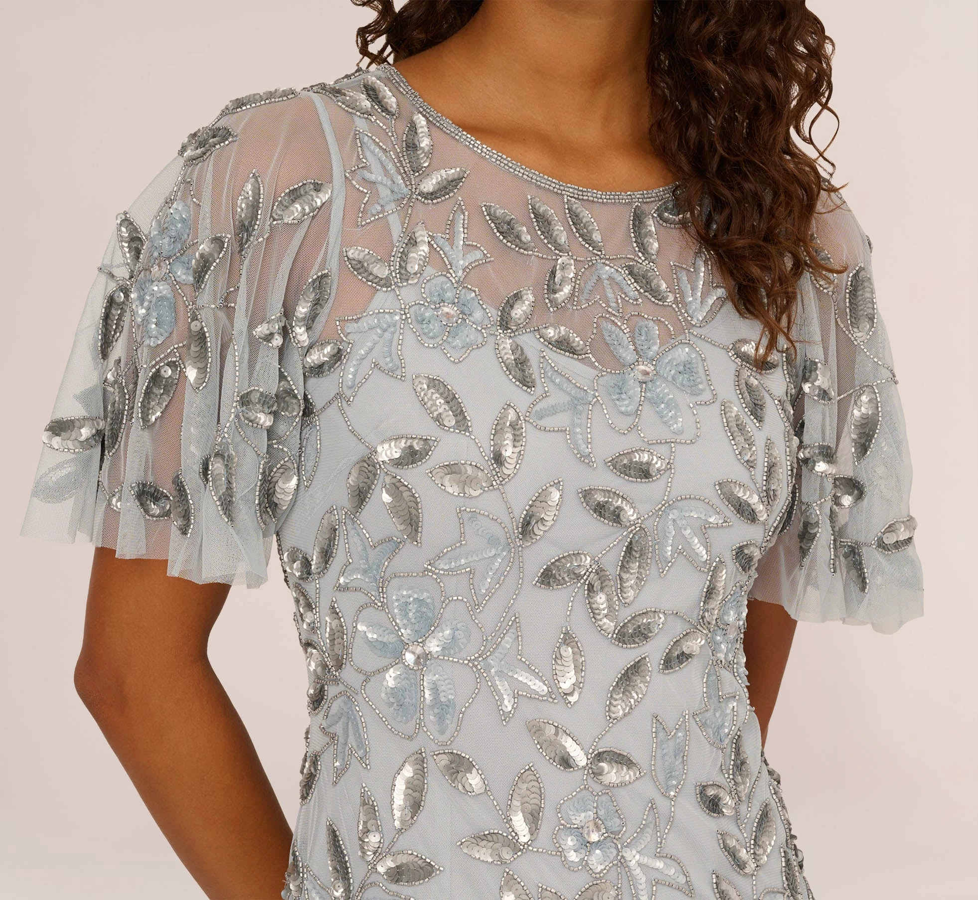 Adrianna Papell Long Floral Beaded Gown With Flutter Sleeves In Blue Heather 3 Adrianna Papell Long Floral Beaded Gown With Flutter Sleeves In Blue Heather - Image 3
