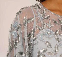 Adrianna Papell Long Floral Beaded Gown With Flutter Sleeves In Blue Heather 10 Adrianna Papell Long Floral Beaded Gown With Flutter Sleeves In Blue Heather -Adrianna Papell Shop AP1E208445 AA469 Regular Lifestyle