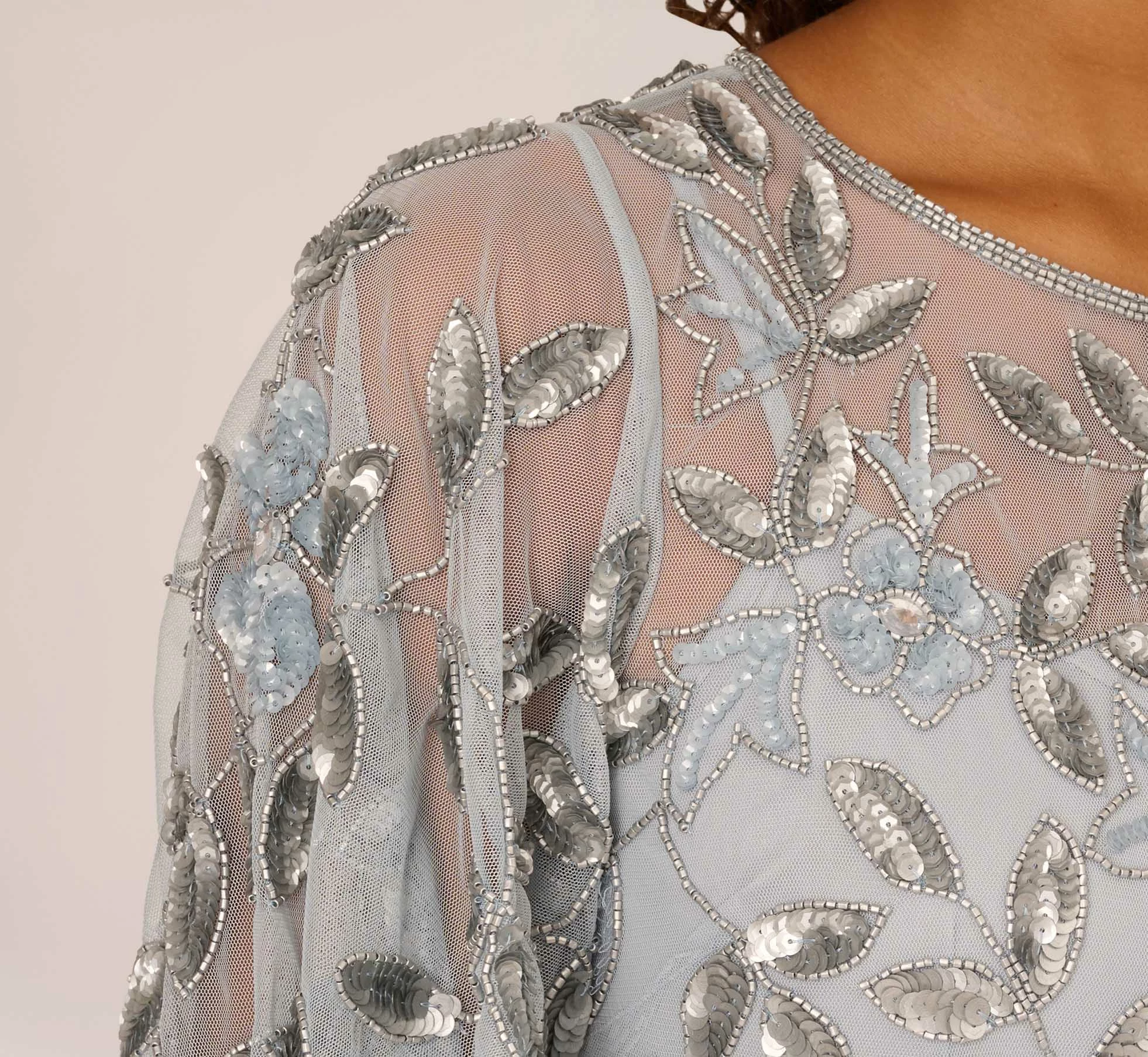 Adrianna Papell Long Floral Beaded Gown With Flutter Sleeves In Blue Heather 5 Adrianna Papell Long Floral Beaded Gown With Flutter Sleeves In Blue Heather - Image 5