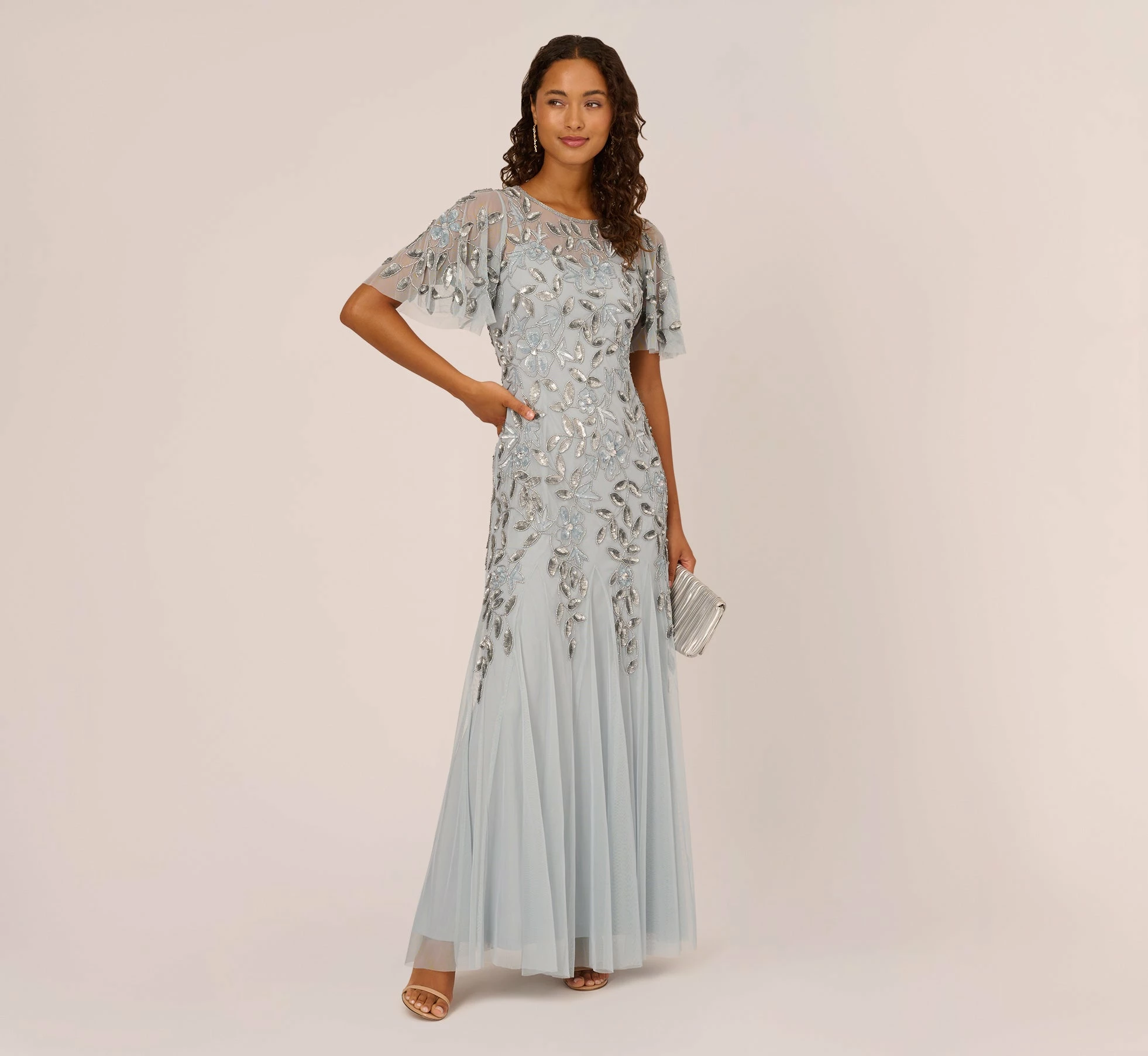 Adrianna Papell Long Floral Beaded Gown With Flutter Sleeves In Blue Heather 2 Adrianna Papell Long Floral Beaded Gown With Flutter Sleeves In Blue Heather - Image 2